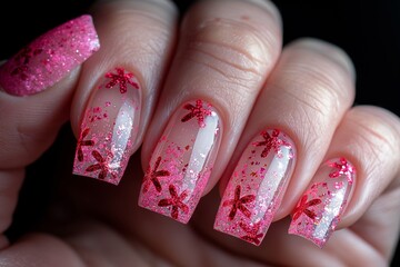 Sparkly pink glitter nails with delicate dragonfly designs