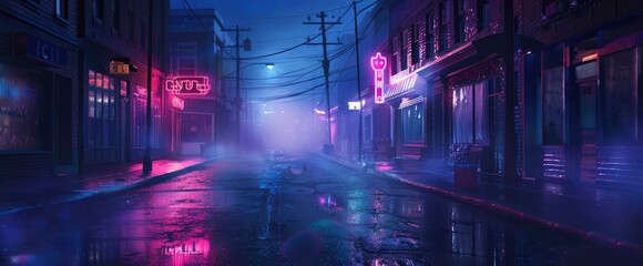 A little town street at night with damp roads, neon lights in the windows, and a hazy environment