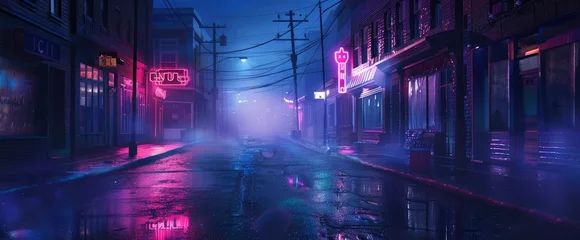 Foto op Plexiglas A little town street at night with damp roads, neon lights in the windows, and a hazy environment © MSTSANTA