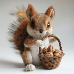 Funny, small, plush squirrel with a basket of nuts in his paws isolated on a white background with...