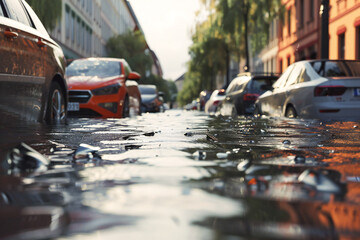 Flooding in the city after the hurricane, cars and streets in water - obrazy, fototapety, plakaty