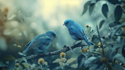 Two blue birds are sitting on a branch with green leaves.

