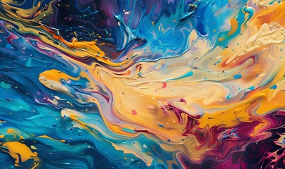 Capture the dynamic essence of flowing colors and shapes in an oil painting, focusing on a wide-angle perspective to create depth and movement Intertwine vivid hues with intricate details to depict an - obrazy, fototapety, plakaty