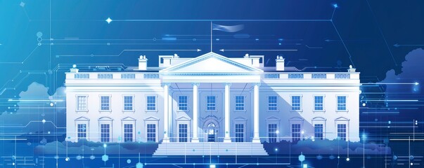 Blue background with holographic elements depicting the White House - obrazy, fototapety, plakaty