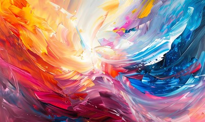 Capture the dynamic essence of flowing colors and shapes in an oil painting, focusing on a wide-angle perspective to create depth and movement Intertwine vivid hues with intricate details to depict an