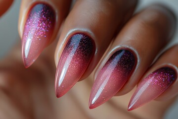 Trendsetting gradient nails with sparkling ombre design, blending from pink to dark glitter - obrazy, fototapety, plakaty