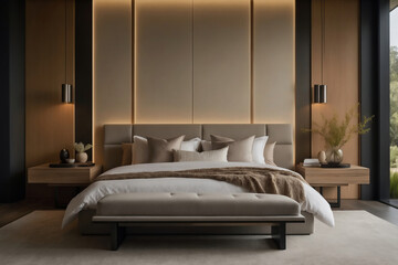 Modernes Schlafzimmerdesign mit betonten Holzpanelen und sanfter Beleuchtung für eine ruhige Atmosphäre