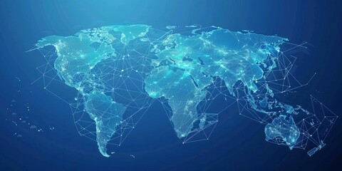 world map with global network and connectivity concept, blue background
