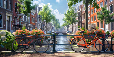 Amsterdam canals with bicycles and colorful houses background - Ai Generated