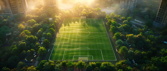 Football ball on grass field under blue sky, football field, soccer sport stadium