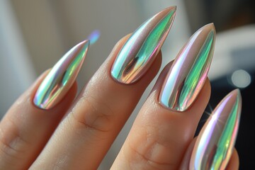 Iridescent nails reflecting prismatic colors, showcasing a magical and futuristic chrome manicure - obrazy, fototapety, plakaty