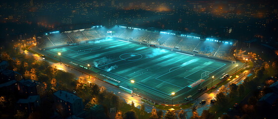Football ball on grass field under blue sky, football field, soccer sport stadium