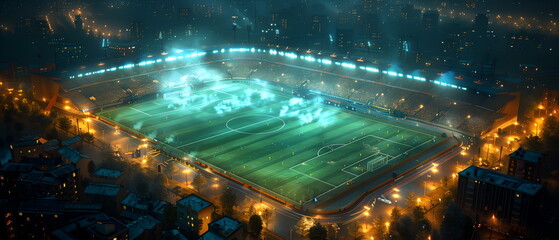 Football ball on grass field under blue sky, football field, soccer sport stadium