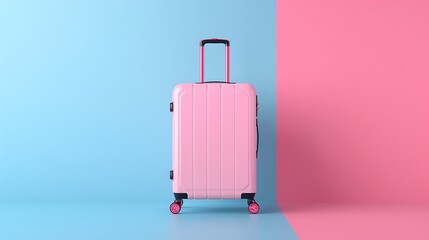 Travel suitcase pastel pink color isolated on pink and blue background