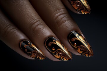 Stiletto nails with ornate gold and black designs, adorned with rhinestones for a luxurious look - obrazy, fototapety, plakaty