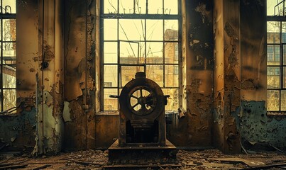 Capture the essence of a low-angle view of an abandoned factory with rusted machinery and broken windows, accentuating the eerie atmosphere Use traditional medium to evoke a sense of nostalgia and dec - obrazy, fototapety, plakaty
