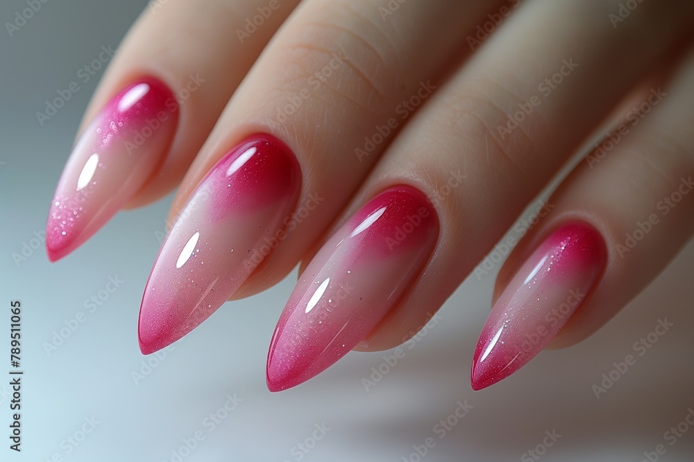 Poster delicate pink stiletto nails with a glossy finish, emanating feminine charm and subtle elegance