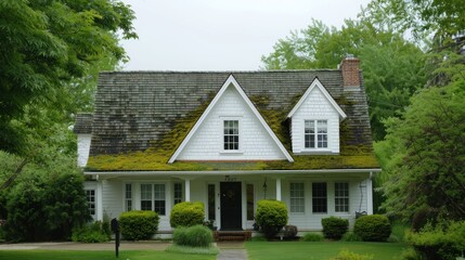 white suburban home with subtle moss growth on the asphalt shingle roof in the summer 