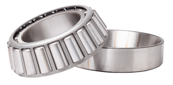 Shiny metal single row round roller bearing designed to absorb radial and one-sided axial loads of the vehicle. Sale of spare parts or repair in a workshop or car service.