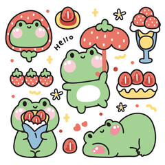Set of cute frog various poses in strawberry bakery concept.Reptile animal character cartoon design.Bread,ice cream,dessert,sweet,fruit hand drawn collection.Kid graphic.Kawaii.Vector.Illustration. - obrazy, fototapety, plakaty