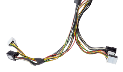 A cable of matted wires of different colors with connectors in the electrical wiring of the car. Internet line in the work of the provider.