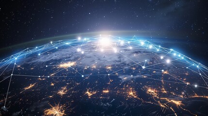 Obraz premium A beautiful image of planet Earth from space showing the lights of cities and a glowing network of connections.
