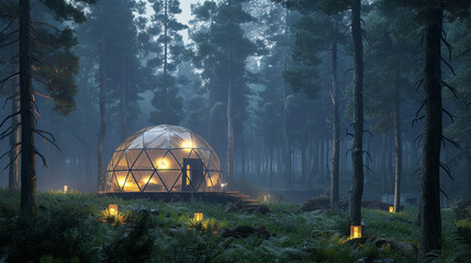 in the forest with a tent and campfire and a glowing light up in the sky