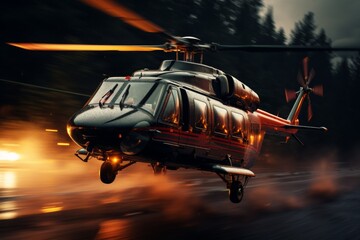 A black helicopter is flying low over a forest at night. The helicopter is moving quickly and the rotors are spinning fast. The image is dark and dramatic.