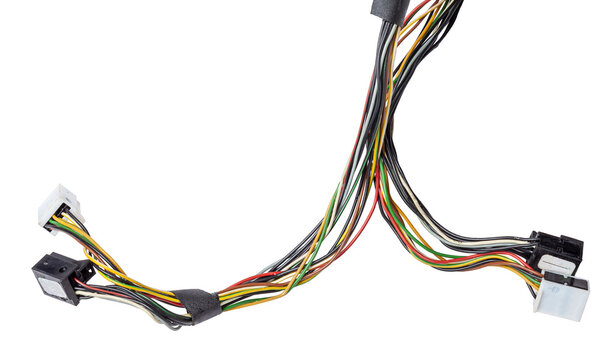 A cable of matted wires of different colors with connectors in the electrical wiring of the car. Internet line in the work of the provider.