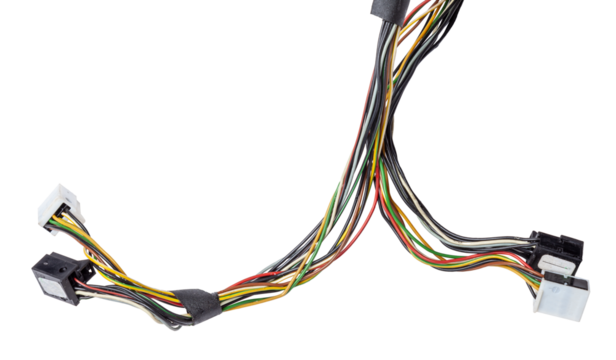 A cable of matted wires of different colors with connectors in the electrical wiring of the car. Internet line in the work of the provider.