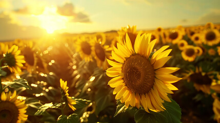 Fototapeta premium Breathtaking Sunset with Sunflower Field.