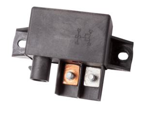 Plastic car engine control unit with connector soaring on a white isolated background is connecting center of various subsystems, units and assemblies. Spare part.