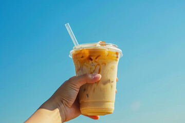 hand holding an iced coffee in a plastic cup with a straw against a blue sky background. summer concept - Powered by Adobe
