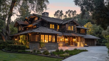 Fototapeta premium photo of a shingled roof on a expensive Craftsman style home with trees in the background, soft lighting 