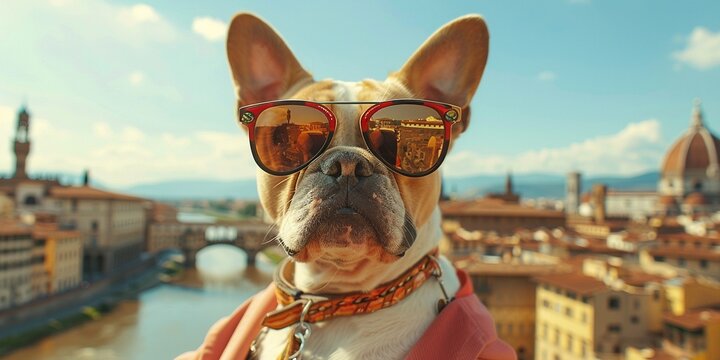 Funny dog in nice design clothes is taking selfie in Florence background