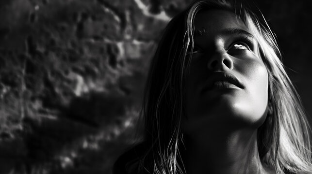 Woman’s face upturned towards the light, capturing a dramatic moment full of emotion and contrast.