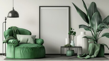 Mock up poster frame in modern interior background with green armchair and accessories in the room, Generative AI