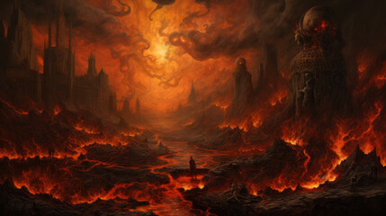 Fantasy Hellscape with Fiery Sky