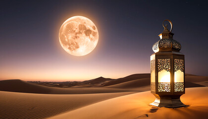 Night sky background with burning candle and moon in Arabian desert