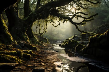 Sunlight piercing through branches covered in hanging moss, creating a dynamic contrast of light and shadow - obrazy, fototapety, plakaty