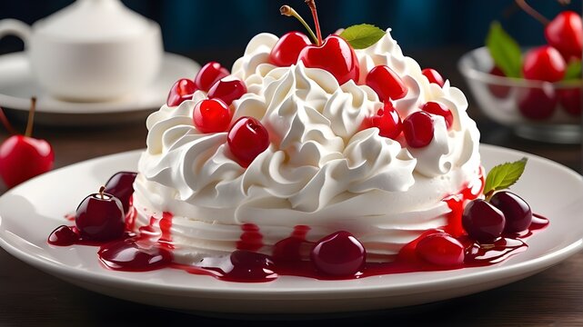  A photorealistic image of a dessert with whipped cream and cherry topping elegantly presented on a plate. The dessert is meticulously crafted, showcasing the smooth texture of the whipped cream and t