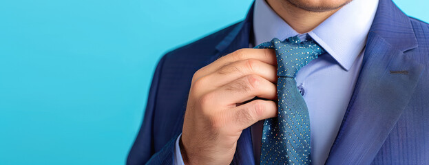 Male hand correcting tie on blue background with copy space. Banner template of men's business clothing store. - obrazy, fototapety, plakaty