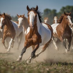 Beautiful horses running on pasturage in summer, herd of horses. AI generated