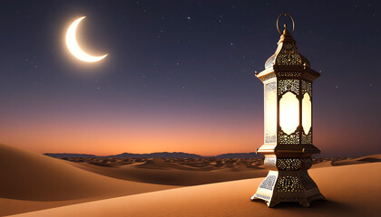 Night sky background with burning candle and moon in Arabian desert