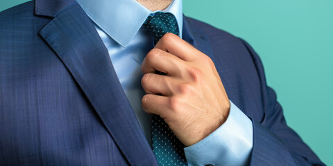 Male hand correcting tie on blue background with copy space. Banner template of men's business clothing store. - obrazy, fototapety, plakaty
