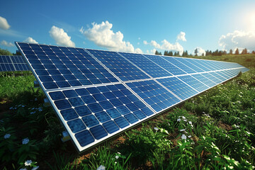 Solar panels on a field under sunny sky.