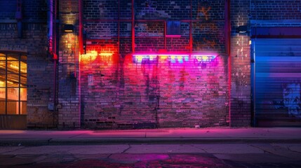 Transport yourself to the heart of the city with an empty background showcasing an old brick wall adorned with neon light, the urban decay and vibrant energy  - obrazy, fototapety, plakaty