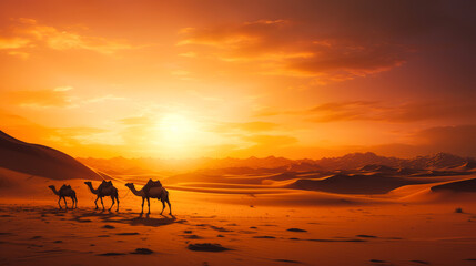Fototapeta na wymiar Tuareg with camels walk thru the desert on the western part of The Sahara Desert in Morocco. The Sahara Desert is the world's largest hot desert. Beautiful landscape, picture, phone screensaver, copy