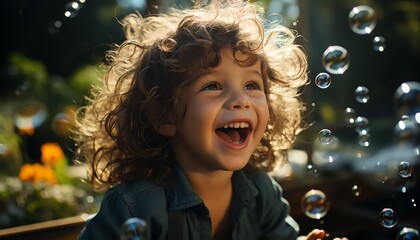 Young childs joyful reaction catching bubbles in a park, surrounded by greenery and sunlight - obrazy, fototapety, plakaty