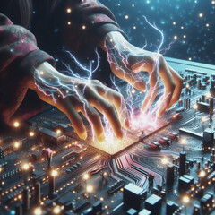 Electronic hands composed of glowing microchips and processors, illuminated by neon light
